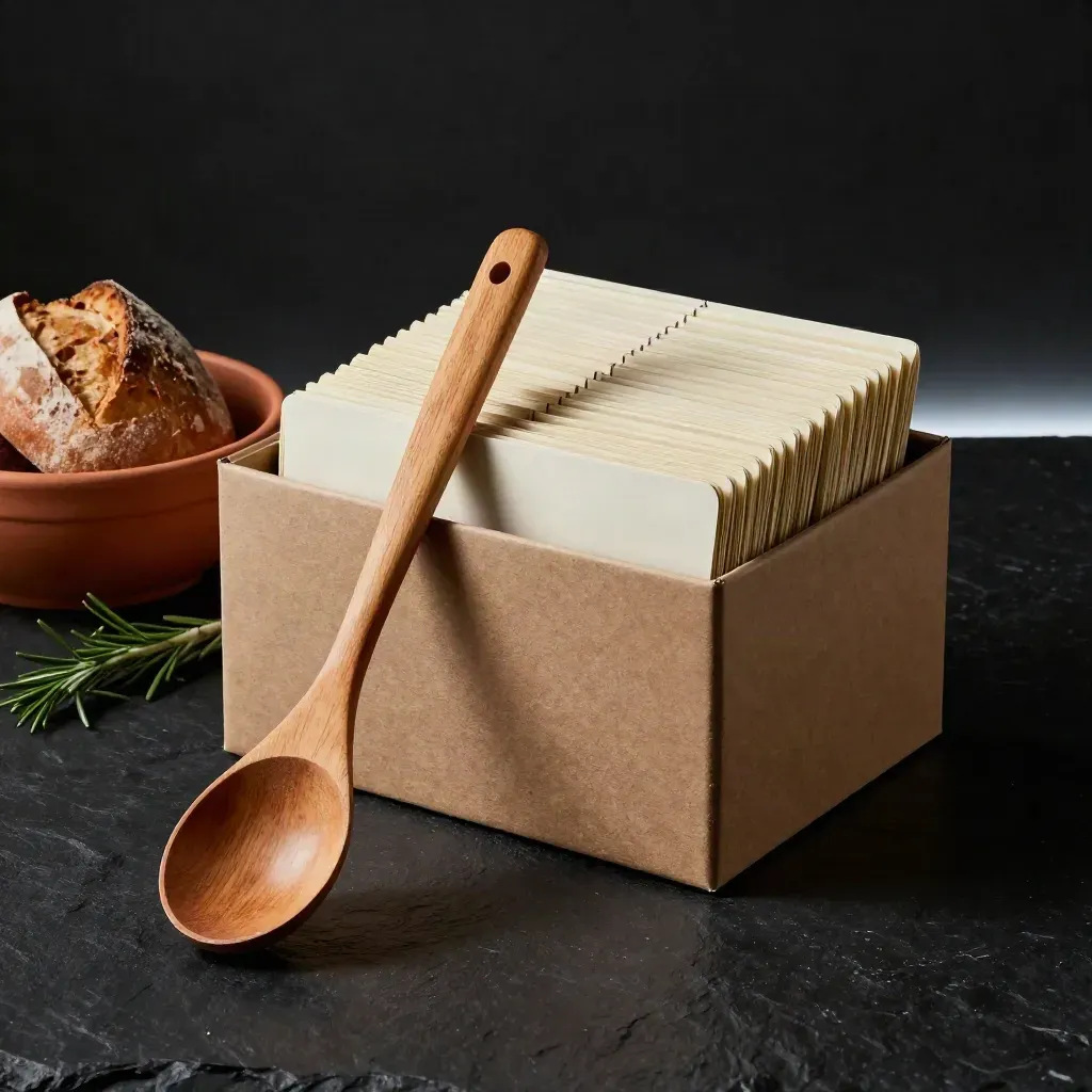 Box ricette con fave bianche, mestolo di legno, pane rustico e rosmarino su fondo scuro