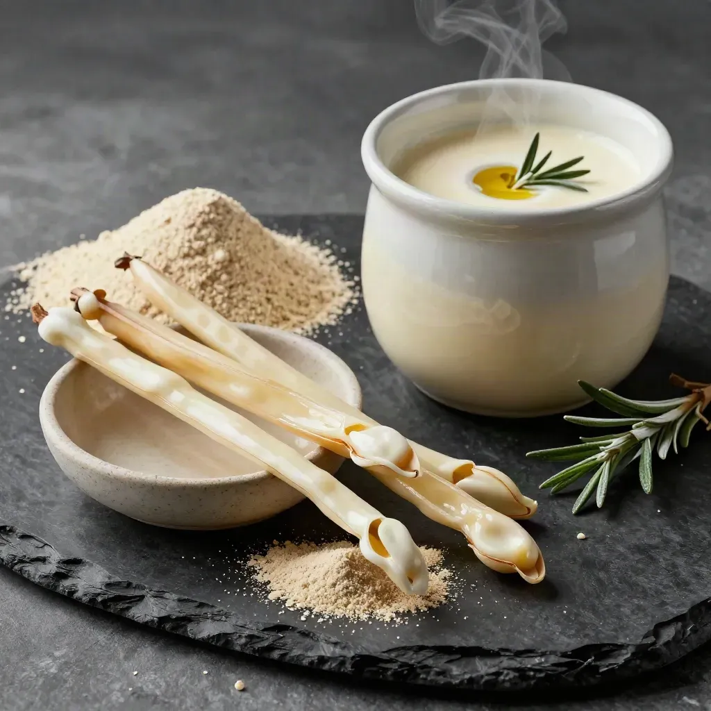 Tre formati di fave bianche con farina e zuppa pronta su fondo scuro, con vapore e briciole.