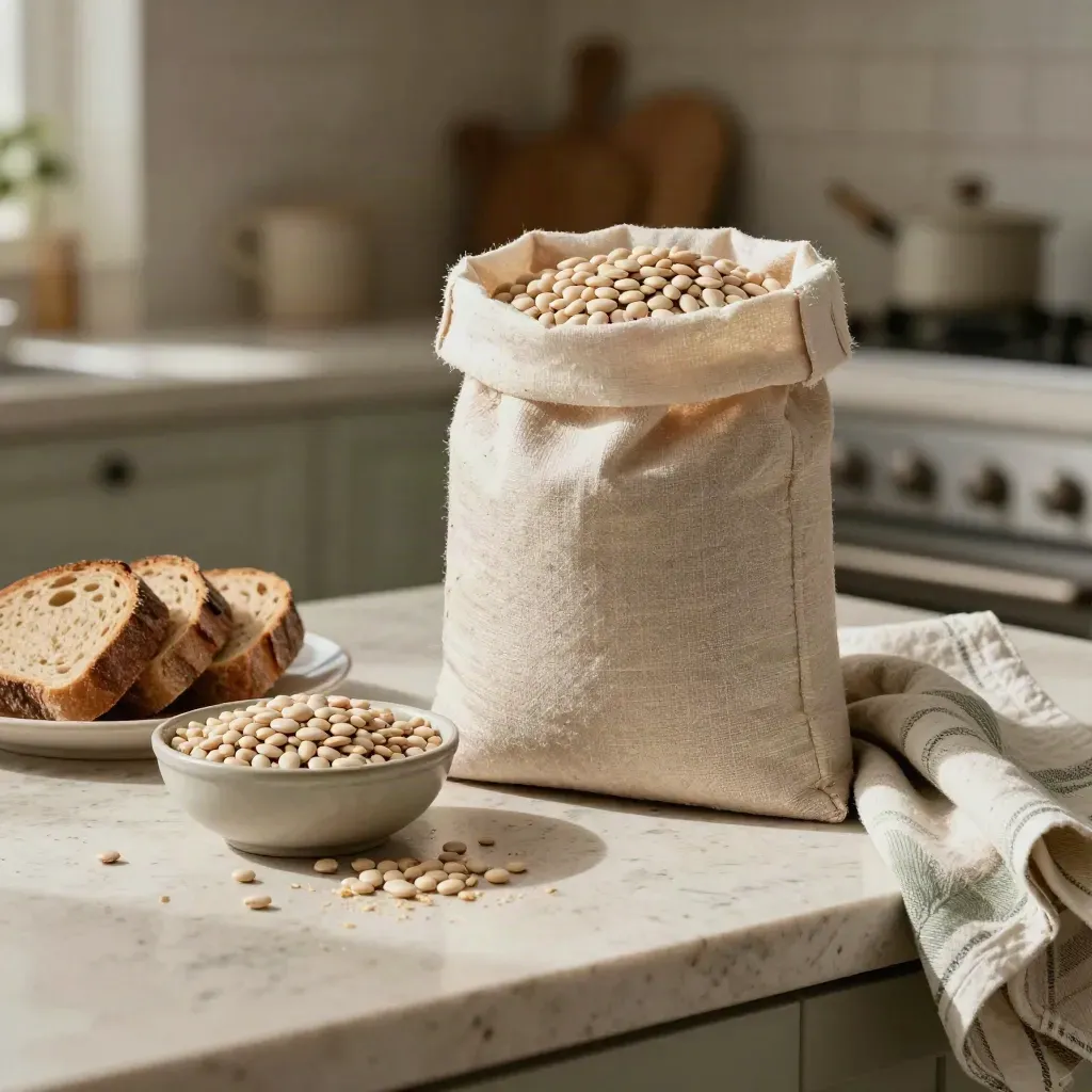 Sacco di fave bianche secche, ciotola di legumi, pane e canovaccio su mensola in travertino.