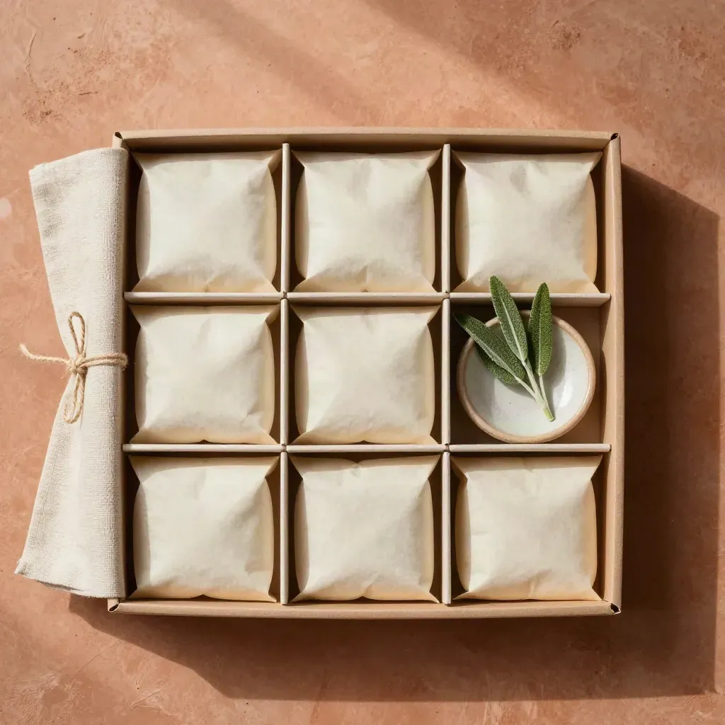 Cofanetto regalo con sei pezzi di fave bianche, salvia e piattino su lastra terracotta.