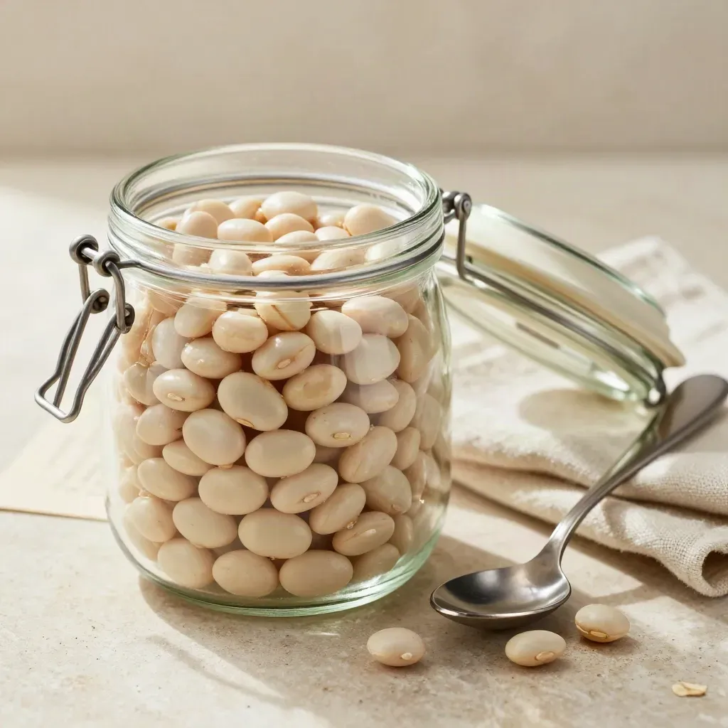 Barattolo di vetro con fave bianche aperto, cucchiaio d’acciaio e tessuto chiaro su pietra