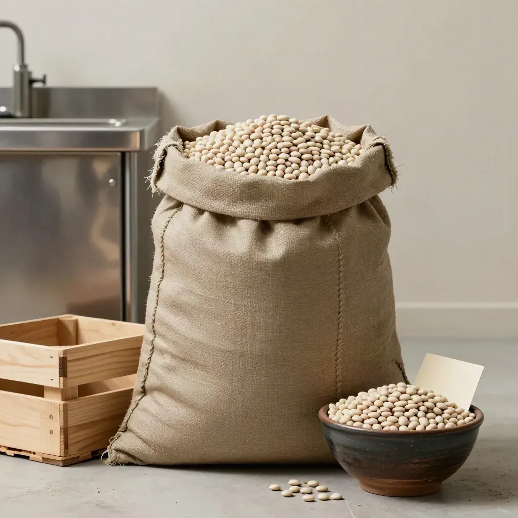 Sacco industriale di fave bianche su banco inox con cassetta di legno e ciotola colma.