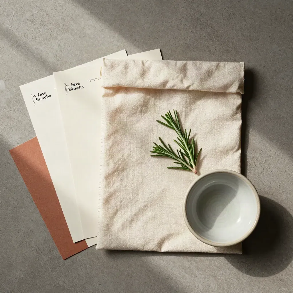 Kit ricette con tre carte chiuse, sacchetto neutro, ciotola piccola e rametto di rosmarino su cemento.